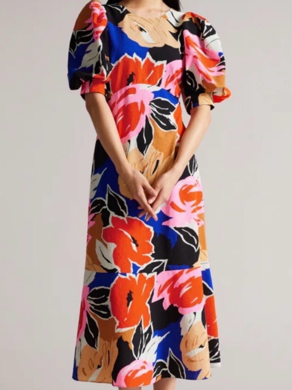 Ted Baker London Bold Floral Puff Sleeve Midi Dress – Size 2